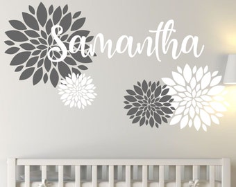 Name with Dahlia Flowers-Vinyl Wall Decal -Girls Bedroom Decor- Nursery Decor- Teen Girls Decor- Wall Decal Nursery Girls Room