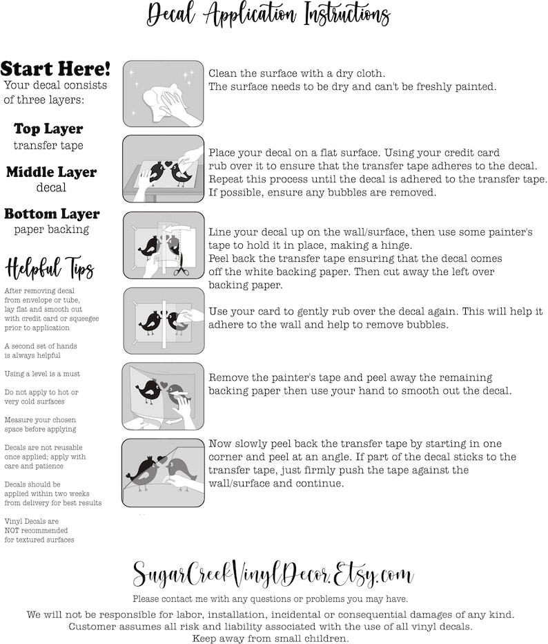 May include: A black and white instructional guide titled Decal Application Instructions. It features five illustrated steps for applying a vinyl decal, including cleaning the surface, using transfer tape, and smoothing the decal onto a wall.