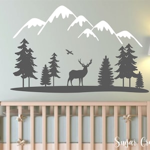 Woodland- Mountains with Trees and Deer-Vinyl Wall Decal- Woodland Nursery Decal- Forest Silhouette- Nature Mural- Forest Decor