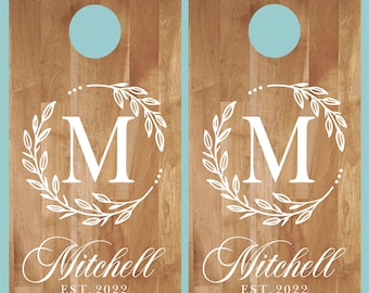 Cornhole Decals-Wreath Initial Name Est Date #3- Wedding Cornhole- Anniversary- Birthday-Personalized Cornhole- Custom Cornhole Decals