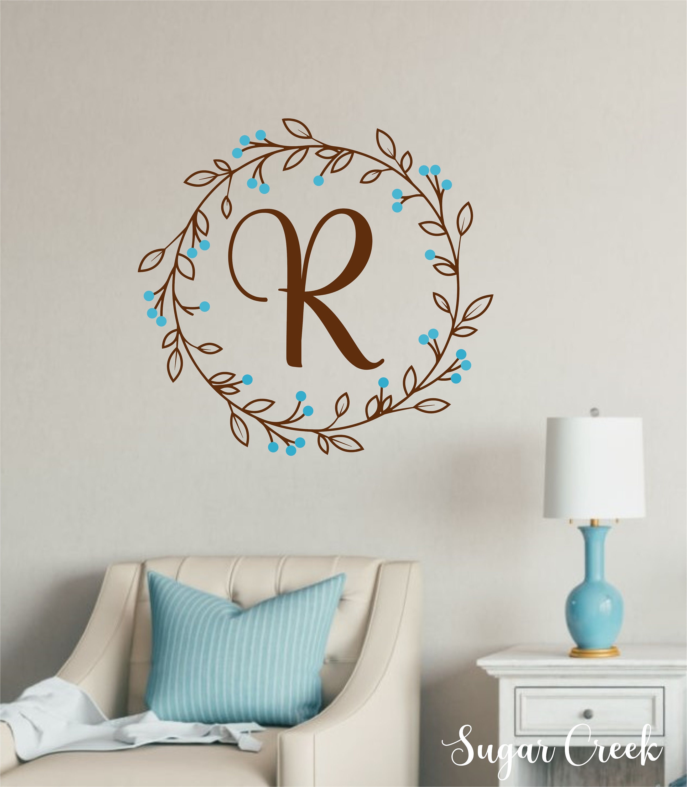 Wreath with Initial Vinyl Wall Decal Wreath Monogram Etsy
