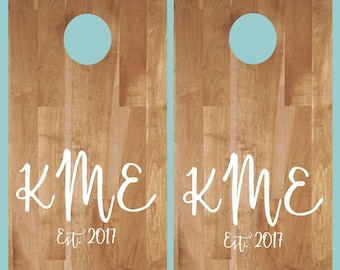 Cornhole-stickers-monogram est-datum-bruiloft cornhole-verjaardag-verjaardag-gepersonaliseerde cornhole-aangepaste cornhole-stickers-vinyl stickers