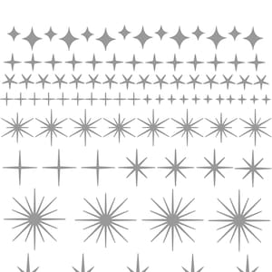 May include: A collection of 88 grey star and sparkle shapes arranged in rows. The text 88 Sparkly Stars is printed at the top. The shapes include four-pointed stars, multi-pointed bursts, and thin cross designs in various sizes and styles.