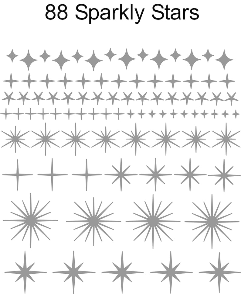 May include: A collection of 88 grey star and sparkle shapes arranged in rows. The text 88 Sparkly Stars is printed at the top. The shapes include four-pointed stars, multi-pointed bursts, and thin cross designs in various sizes and styles.