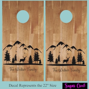 Cornhole Decals-Mountain Scene with Family Name- Wedding Cornhole- Anniversary- Birthday-Personalized Cornhole- Custom Cornhole Decals