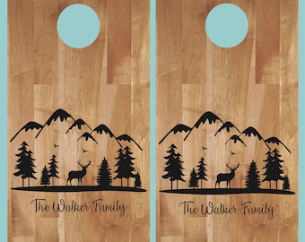 Cornhole Decals-Mountain Scene with Family Name- Wedding Cornhole- Anniversary- Birthday-Personalized Cornhole- Custom Cornhole Decals