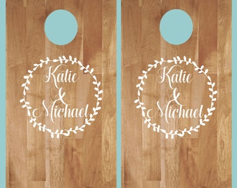 Cornhole Abziehbilder- Kranz mit Namen- Hochzeit Cornhole Jubiläum- Geburtstag- personalisierte Cornhole- kundenspezifische Cornhole Abziehbilder-Vinyl Abziehbilder