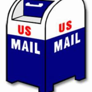 May include: A blue and white mailbox with the words "US MAIL" on the front.