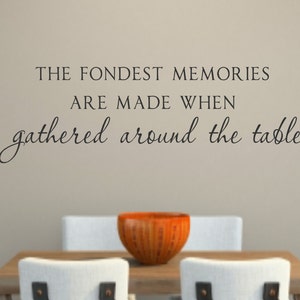 May include: A wall decal with the quote "The fondest memories are made when gathered around the table." The decal is displayed on a wall above a dining table with chairs.