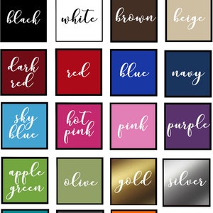 May include: A color chart with 16 different color swatches. The colors include black, white, brown, beige, dark red, red, blue, navy, sky blue, hot pink, pink, purple, apple green, olive, gold, silver, turquoise, charcoal, and orange.