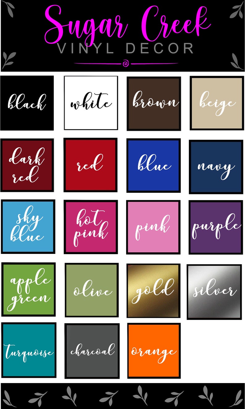 May include: A color chart with 16 different color swatches. The colors include black, white, brown, beige, dark red, red, blue, navy, sky blue, hot pink, pink, purple, apple green, olive, gold, silver, turquoise, charcoal, and orange.