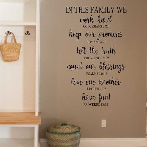 In this family we- Bible Verse-Vinyl Wall Decal- Christian Wall Decor- Entryway Decor- Home Decor- Family Wall Decor- Wall Decor-