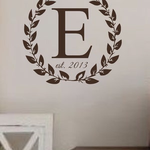 Vinyl Wall Decal-Laurel Wreath with Monogram and Est. Date- Wreath- Wedding Gift- Initial- Monogram- Family Name