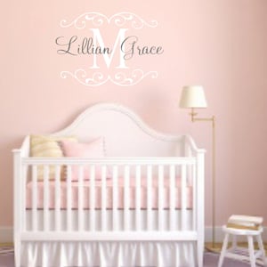 Vinyl Wall Decal- Personalized Initial and Name Monogram- Girl or Boy- Nursery Decor- Fancy Name- Modern Decor- Wall Decor