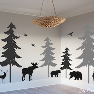 Woodland- Vinyl Wall Decal- Woodland Nursery Decal, Pine tree decal, Nature Forest, set of 5 trees with animals, deer, moose, bear, birds