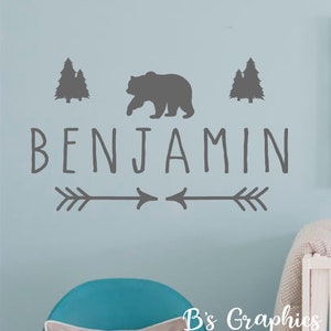 Woodland Animal Name- Vinyl Wall Decal- Custom Name with Bear, Home Decor, Arrow, Nursery Name, Rustic Decor, Rustic Nursery, Nursery Decor