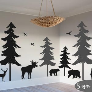 Trees Woodland- Vinyl Wall Decal- Woodland Nursery Decal, Pine tree decal, Nature Forest, set of 5 trees with animals, deer, moose, bear