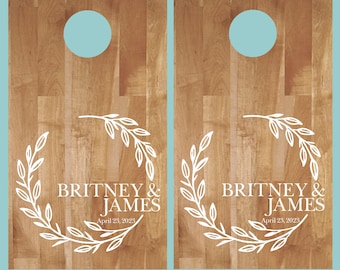 Cornhole Abziehbilder-Split Kranz mit Namen-Hochzeit Cornhole-Jubiläum-Geburtstag-Personalisierte Cornhole-Custom Cornhole Abziehbilder-Vinyl Abziehbilder