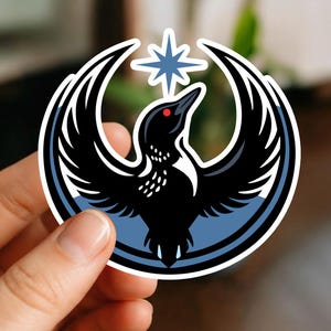 May include: A sticker featuring a stylized black bird with a red eye and a blue star above its head. The bird is set against a blue and white circular background. The sticker is held in a hand.