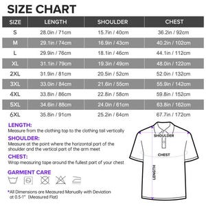 Puede incluir: Tabla de tallas para un polo, con medidas en pulgadas y cent&iacute;metros. La tabla incluye tallas de la S a la 6XL, detallando largo, ancho de hombros y contorno de pecho. Incluye s&iacute;mbolos de cuidado de la prenda e instrucciones de medici&oacute;n.