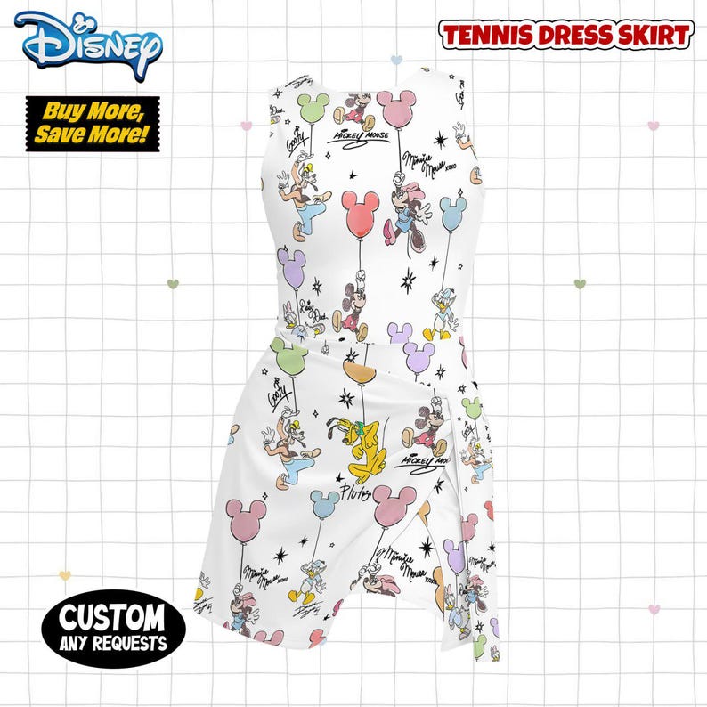 May include: White tennis dress skirt with a Disney theme, featuring Mickey Mouse, Minnie Mouse, Donald Duck, and Pluto characters. The dress has a wrap design and is decorated with colorful balloon graphics. The text "Tennis Dress Skirt" is at the top.
