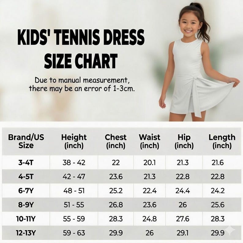 May include: A young girl models a white tennis dress with a wrap skirt. The image features a size chart for children's tennis dresses, with measurements in inches, including chest, waist, hip, and length, for sizes 3-4T to 12-13Y. The chart also includes the height in inches.
