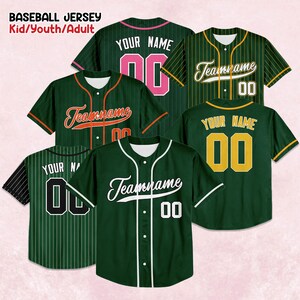 May include: Five green baseball jerseys with white piping and different text and numbers. The jerseys have the text "Your Name", "Teamname", and "00" on them.