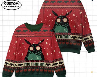 May include: Red ugly sweater with a Mothman design. The sweater features a green and black Mothman graphic, bats, and the word "Mothman". The sweater has a green collar and cuffs. The text "ADULT, KID, YOUTH UGLY SWEATER" is at the top.