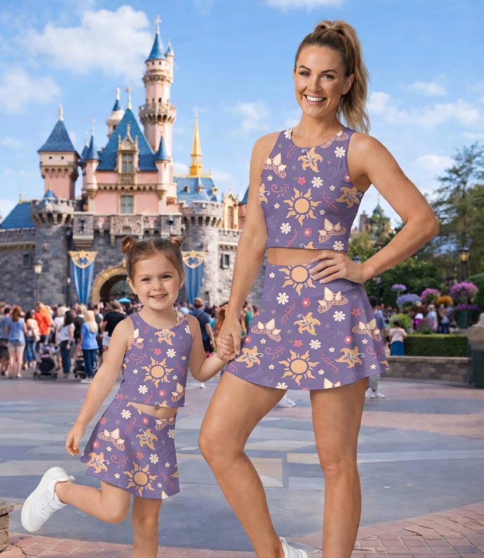 Discover Rapunzel Tangled Activewear Set, Matching Mother Daughter Set, Sunflower Crop Top & Skirt, Family Disney Vacation Outfit