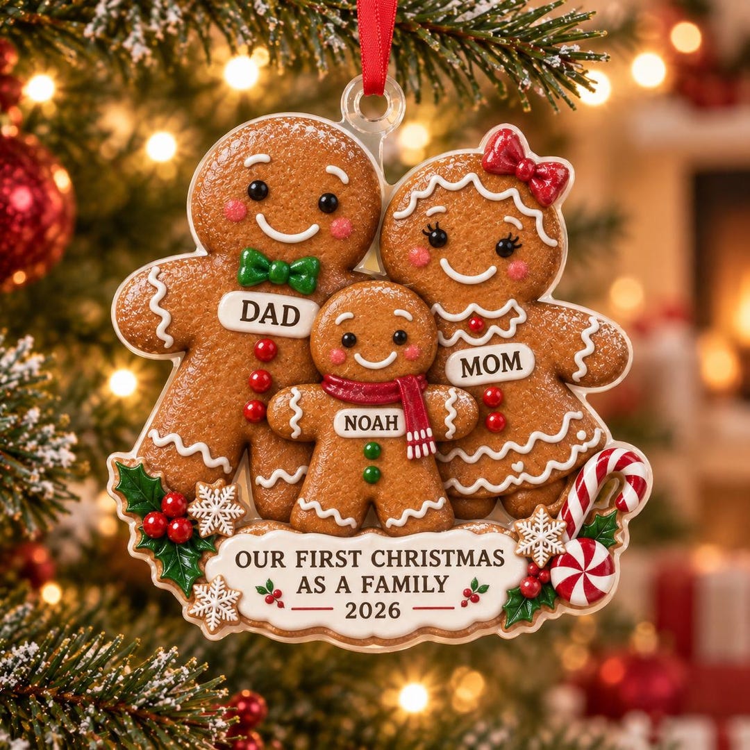 Our First Christmas as A Family Ornament 2026, Custom Name Gingerbread
