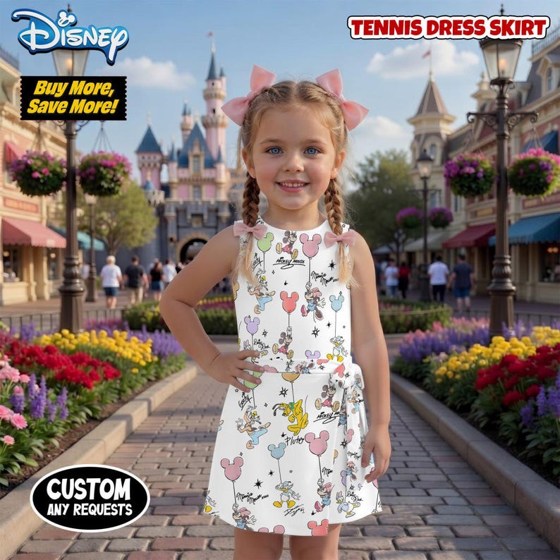 May include: A white tennis dress skirt with a Disney theme, featuring Mickey Mouse and friends with balloons. The dress has a wrap-around tie and is worn by a young girl. The background shows a theme park setting with flowers and buildings.