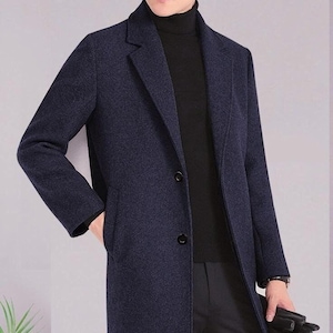 Men&#39;s Navy Blue Wool Overcoat: Classic Single-Breasted Winter Coat