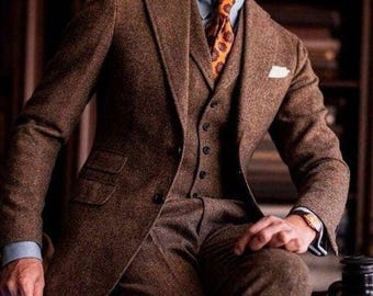 Men Custom Brown Tweed Wool 3 Piece Style Men&#39;s Suit for Wedding, Winter, Prom, Party, Groom wear and Groomsmen Suits Gift for Him Winter