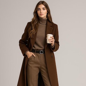 Women&#39;s Brown Long Wool Blend Coat | Elegant Brown Winter Overcoat | Double Breasted Coat | Classic Warm Jacket | Minimalist Fashion Trench