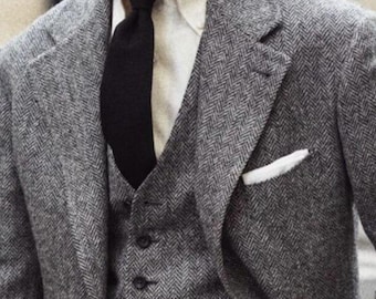 Men Grey Herringbone Tweed Wool 3 Piece Style Men&#39;s Suit for Wedding, Winter, Prom, Party, Groom wear and Groomsmen Suits Gift for Him