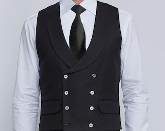 Men’s Elegant Double-Breasted Black Tweed Wool Waistcoat – Formal Vest with Shawl Lapel
