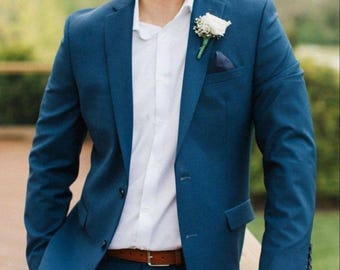Teal Blue Tweed Men&#39;s Suit: Slim Fit 2-Piece Wedding Groom Suit