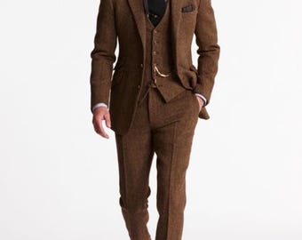 Men Brown Custom Tweed Wool Three Piece Style Men&#39;s Suit for Wedding, Winter, Prom, Party, Groom wear and Groomsmen Suits Gift for Him