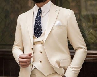 Beige Rayon Three Piece Suit: Men&#39;s Wedding, Prom, Groom Wear