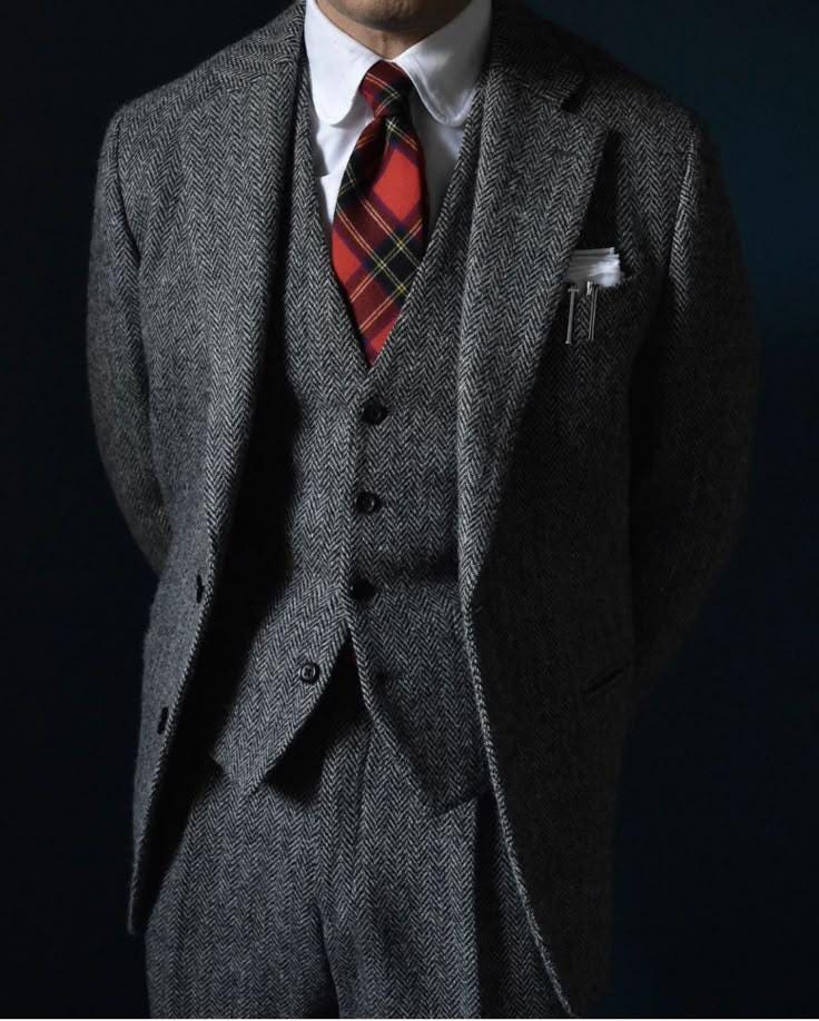 Men Grey Herringbone Tweed Wool Three Piece Style Men's Suit for Wedding, Winter, Prom, Party, Groom wear and Groomsmen Suits Gift for Him