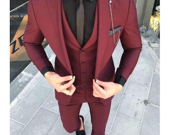 Burgundy Three Piece Suit: Custom Rayon Men&#39;s Wedding Suit