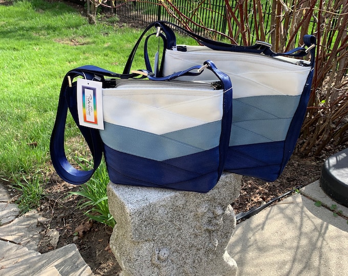 White/Stonewashed Denim/Navy Crossbody Sling Seat Belt Bag