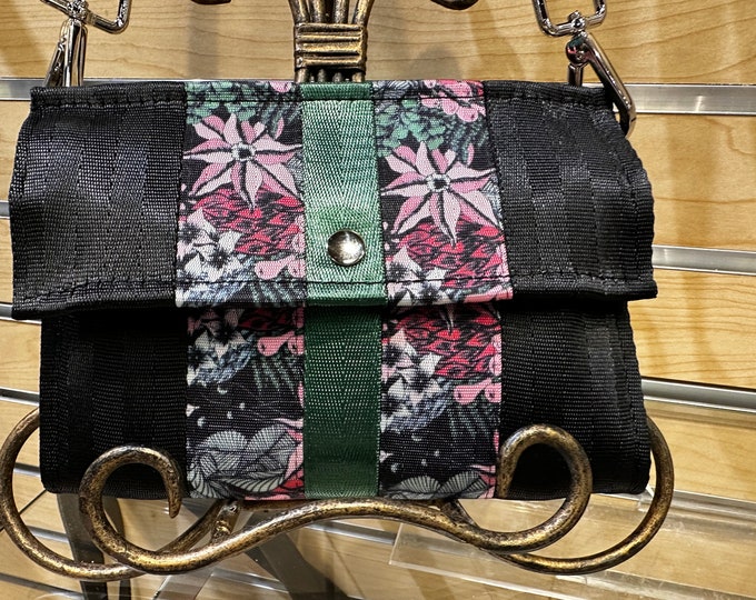 Foldover Crossbody Seatbelt Clutch from FiberTime in Black, Pink Floral and Evergreen