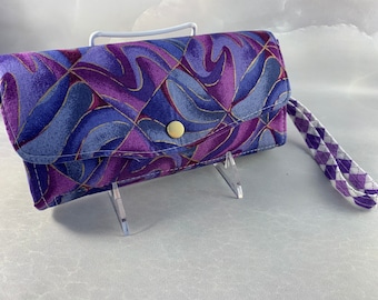 Blue Purple and Gold Swirl Handcrafted Clutch/Wallet With Wrist Strap