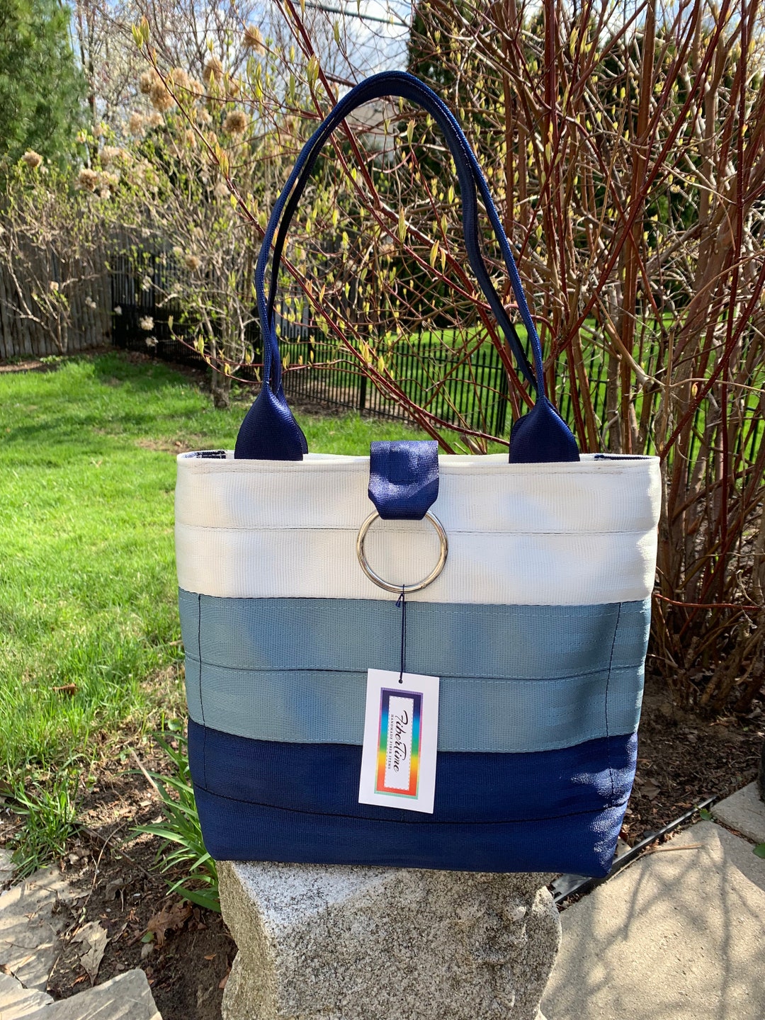 White/powder Blue/navy Seat Belt Market Tote Handbag