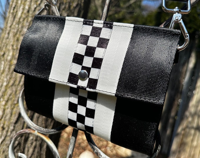 Black and White Checkered Foldover Crossbody Seatbelt Clutch from FiberTime