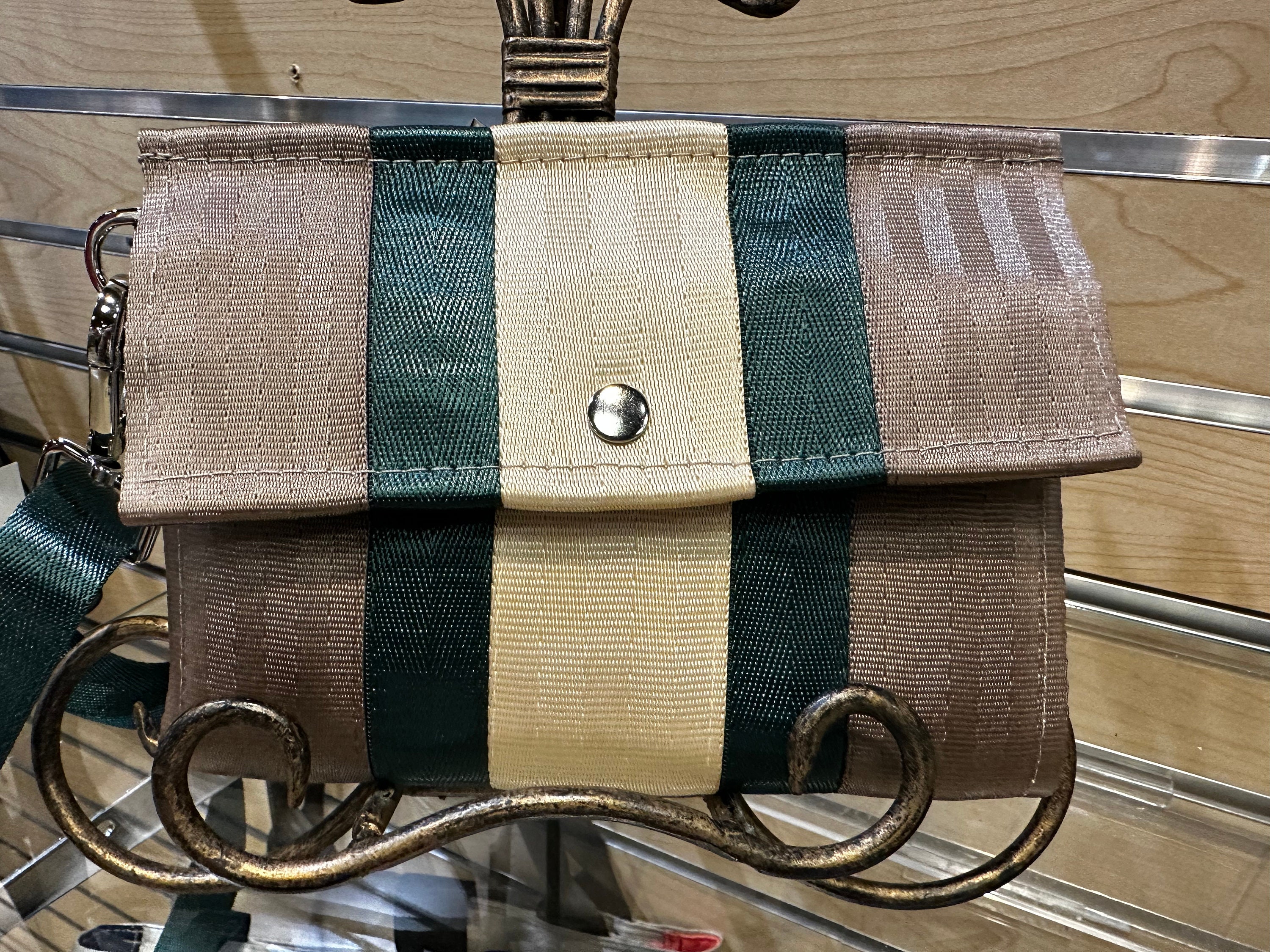 Crossbody Seatbelt Clutch from FiberTime in Latte, Evergreen and Light Gold