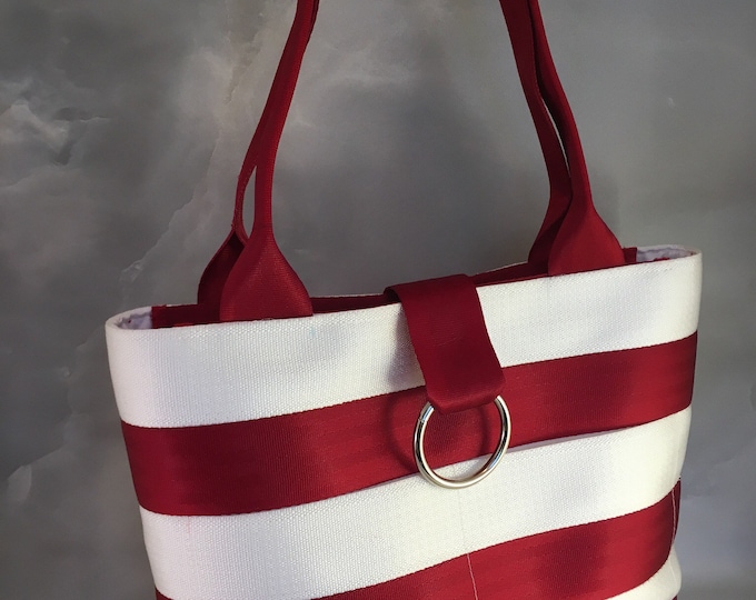 Handmade Medium Cherry Red and White Stripe Seat Belt Bag/Tote