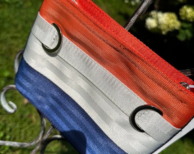 Fanny Pack/Crossbody/Shoulder Seat Belt Bag in Orange, White and Navy
