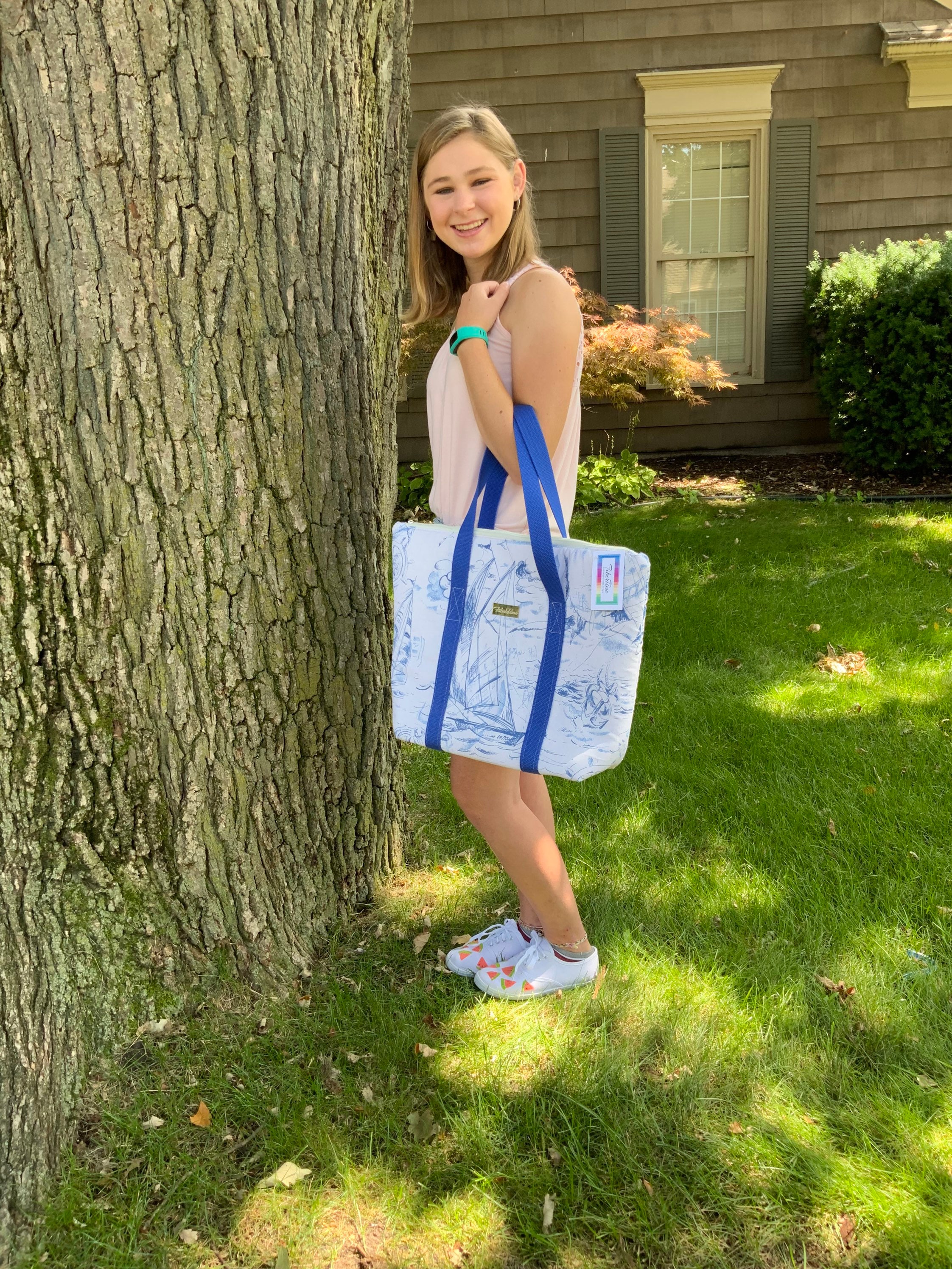 Blue and White Sailing Large Top Zip Handmade Tote Bag